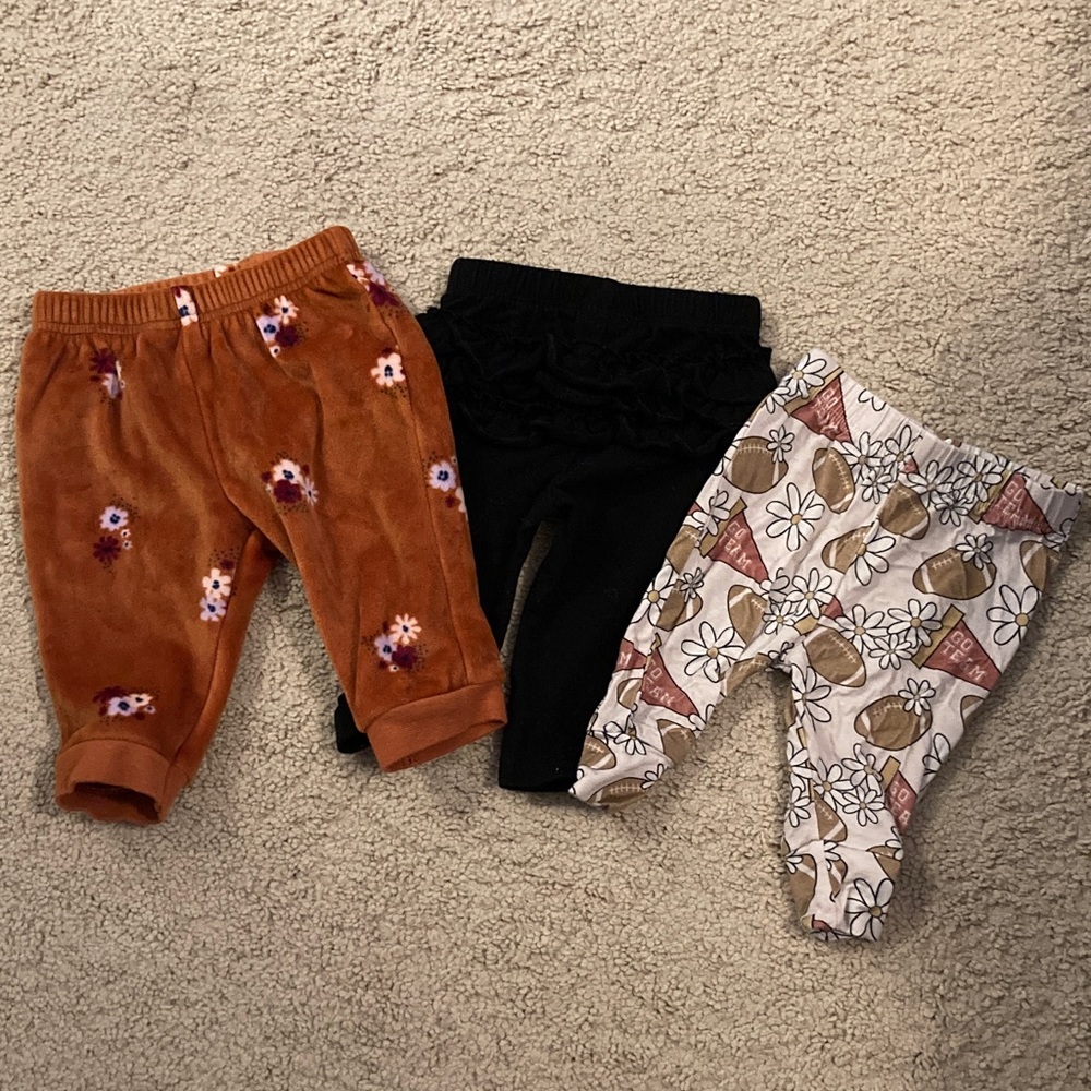 Set of Three Baby Pants perfect for fall- Floral, Black, and Football Patterned